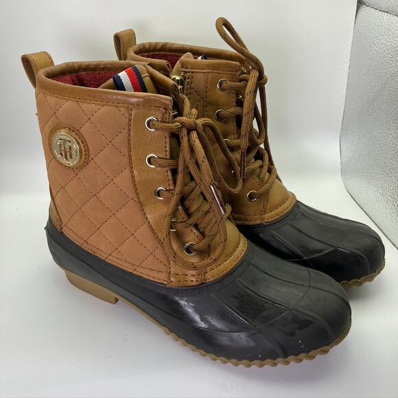 Tommy Hilfiger Womens 6M‎ Duck Boots Rain Lace Up Side Zip Brown Black Classic - Picture 1 of 9